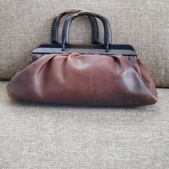 Gucci Handbags - Wood Handle Gucci Distressed Brown Leather Handbag